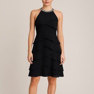 S.L. FASHIONS BLACK TULIP CHIFFON MIDI DRESS WITH BEADED NECKLINE SZ 16